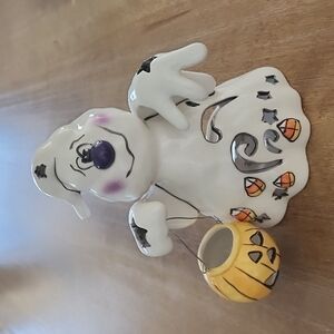 Blue Sky Clayworks Halloween Ghost Holding Pumpkin Tealight Candle Holder